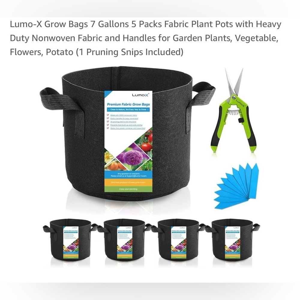 Heavy Duty 7 Gallon Fabric Grow Bags 5 Pack with Pruning Snips